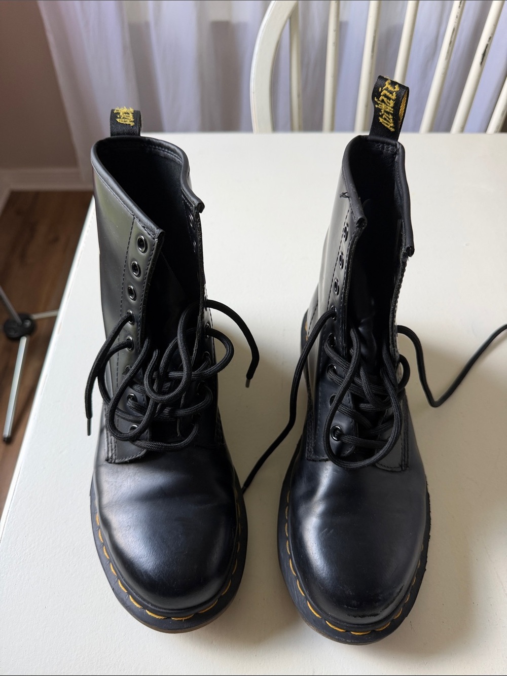 Dr. Martens Black Leather Boots with Yellow Accents